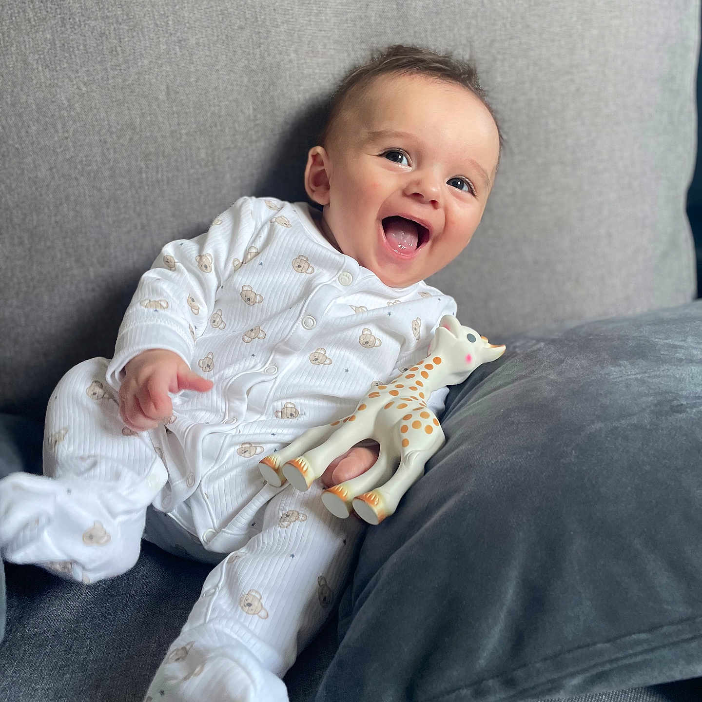 Lilio participe au concours pour gagner de l'argent avec cette photo : baby, child, clothing, comfort, couch, cute, face, giraffe_toy, happy, indoors, infant, onesie, person, pillow, playful, plush, relaxing, smiling, toddler, toy