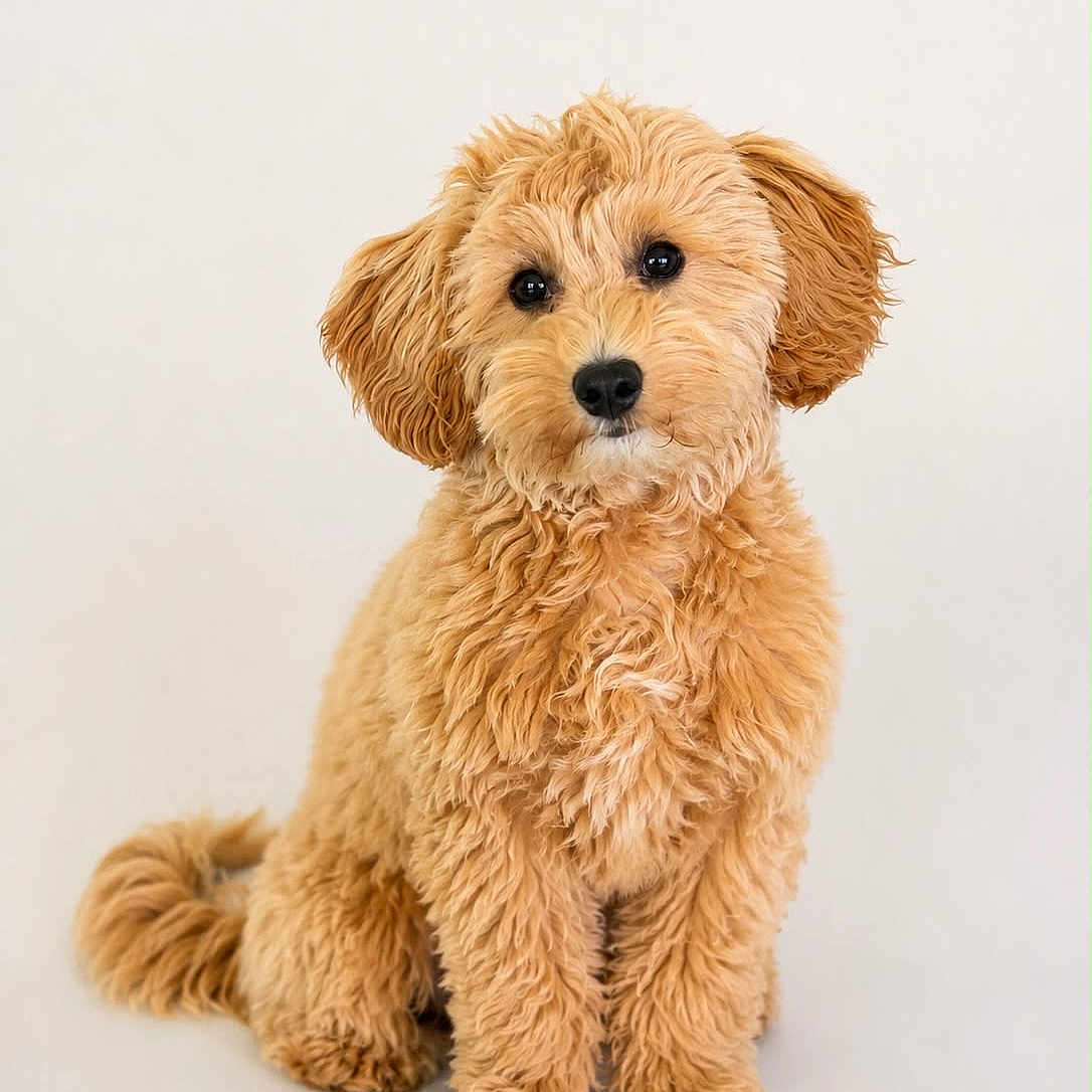 Cookie participe au concours pour gagner de l'argent avec cette photo : dog, puppy, fluffy, curly_fur, sitting, cute, pet, animal, canine, adorable, young, studio, portrait, brown, furry, friendly, companion, domestic, innocent, curious