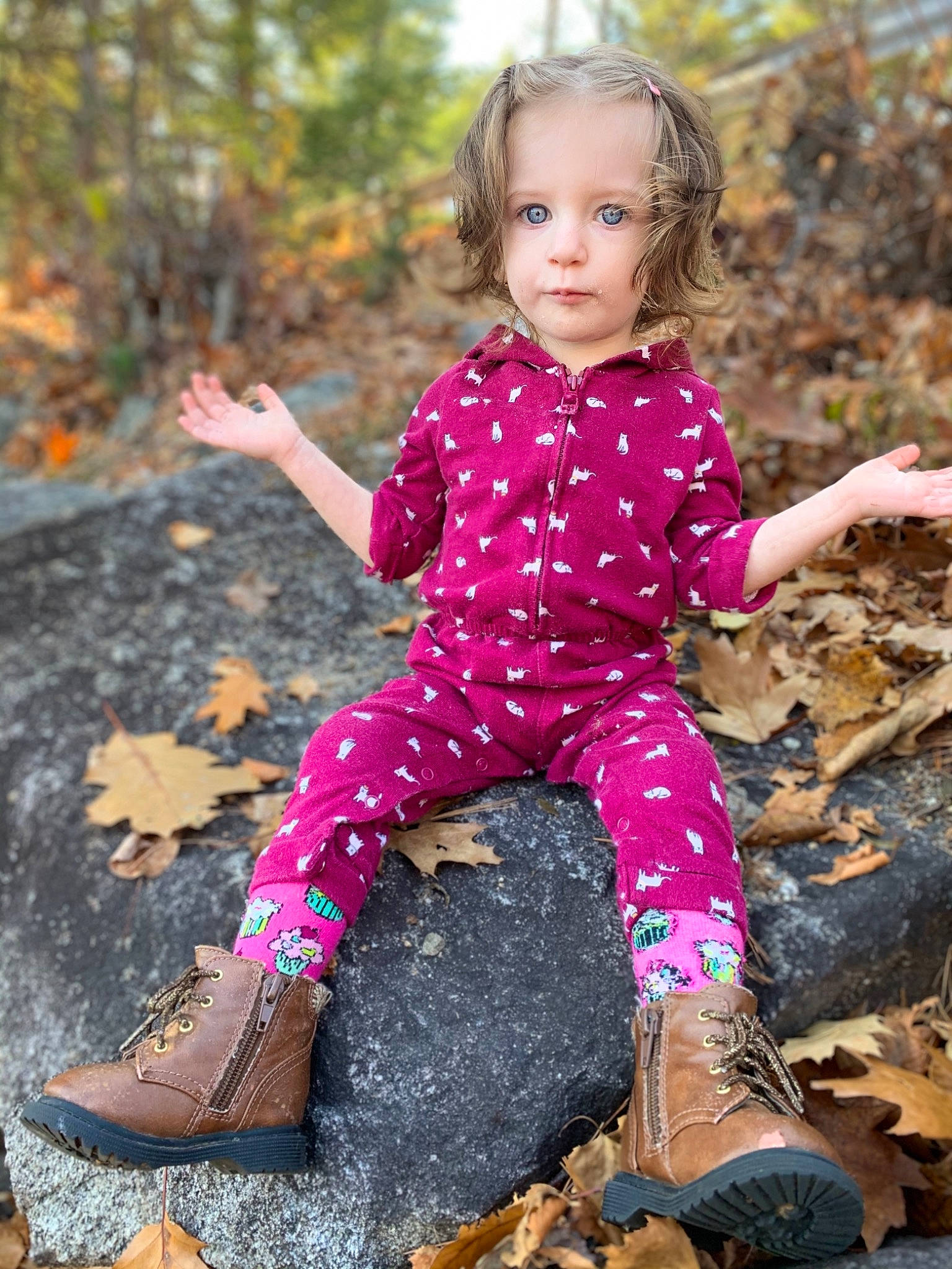 Ellianna joined the competition — help win amazing prizes! autumn, baby, baby_toddler_clothing, blond, boot, child, child_model, deciduous, foot, magenta, mouth, nose, overall, people_in_nature, person, pink, purple, toddler, toy, woodland