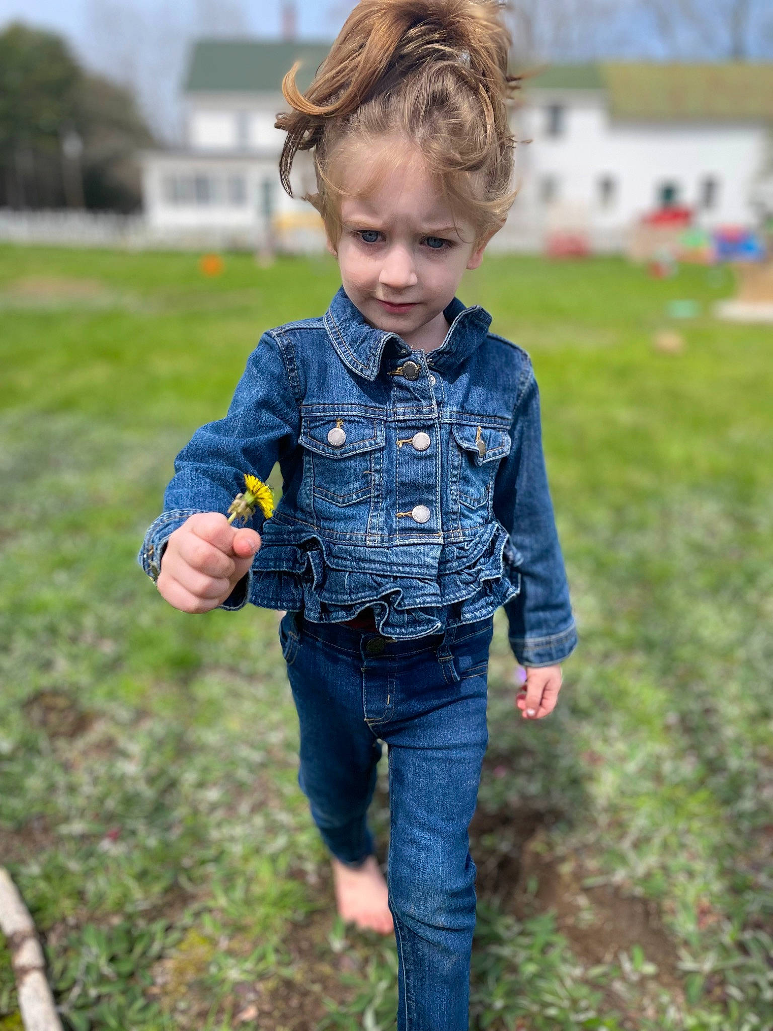 Ellianna joined the competition — help win amazing prizes! blond, brown_hair, button, child, denim, electric_blue, grass, grassland, happy, jeans, pattern, people_in_nature, person, plaid, plant, sleeve, street_fashion, t_shirt, tartan, toddler