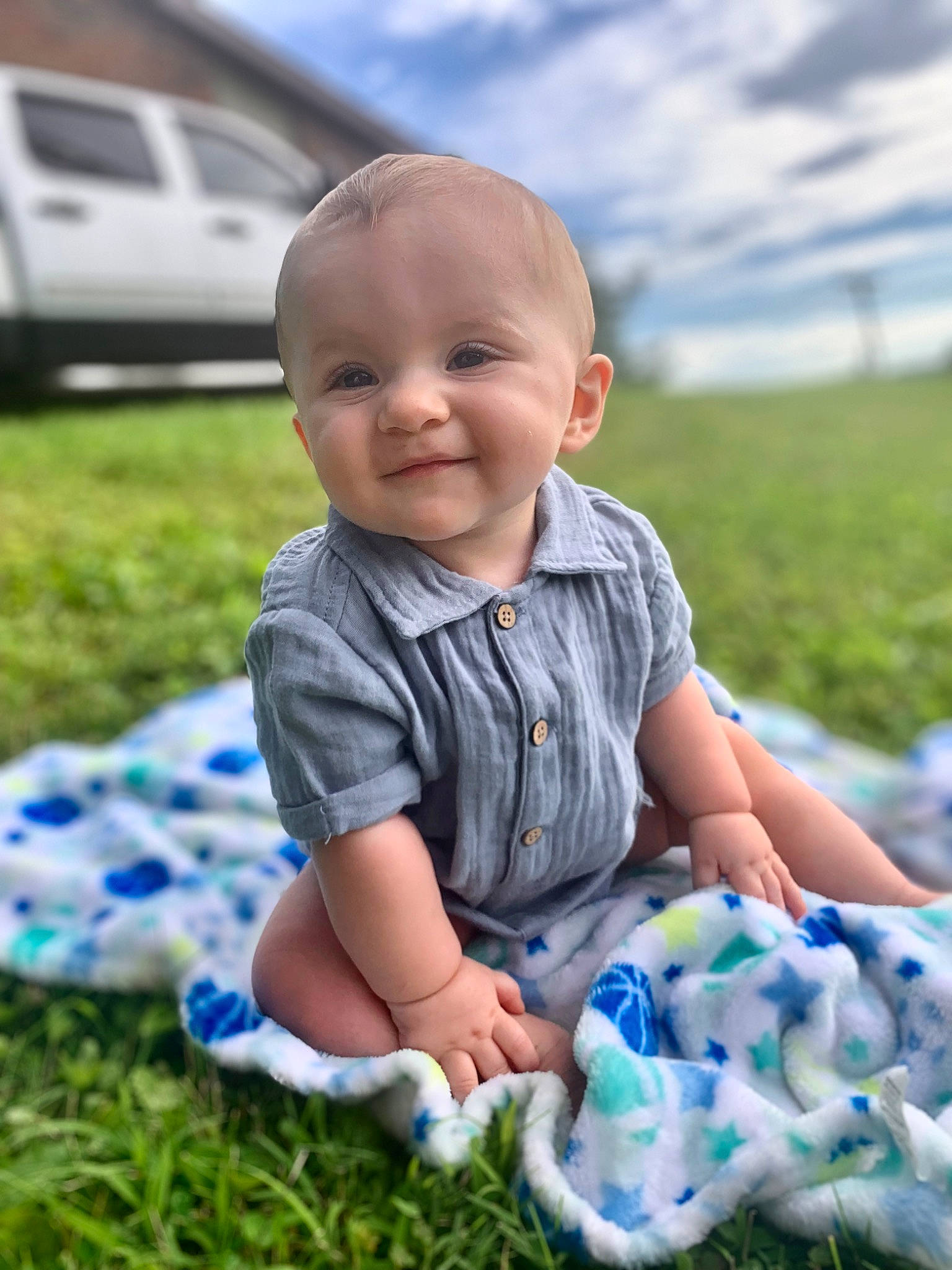 Paxton joined the competition — help win amazing prizes! azure, baby, baby_toddler_clothing, electric_blue, facial_expression, fun, grass, grassland, happy, joy, lawn, leisure, meadow, people_in_nature, person, plant, skin, sky, smile, summer