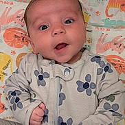 Aria joined the competition — help win amazing prizes! baby, infant, child, onesie, floral_pattern, blanket, cartoon_cats, paw_prints, cute, wide_eyes, open_mouth, lying_down, soft_texture, cozy, indoors, portrait, small_hands, sleepwear, colorful, adorable