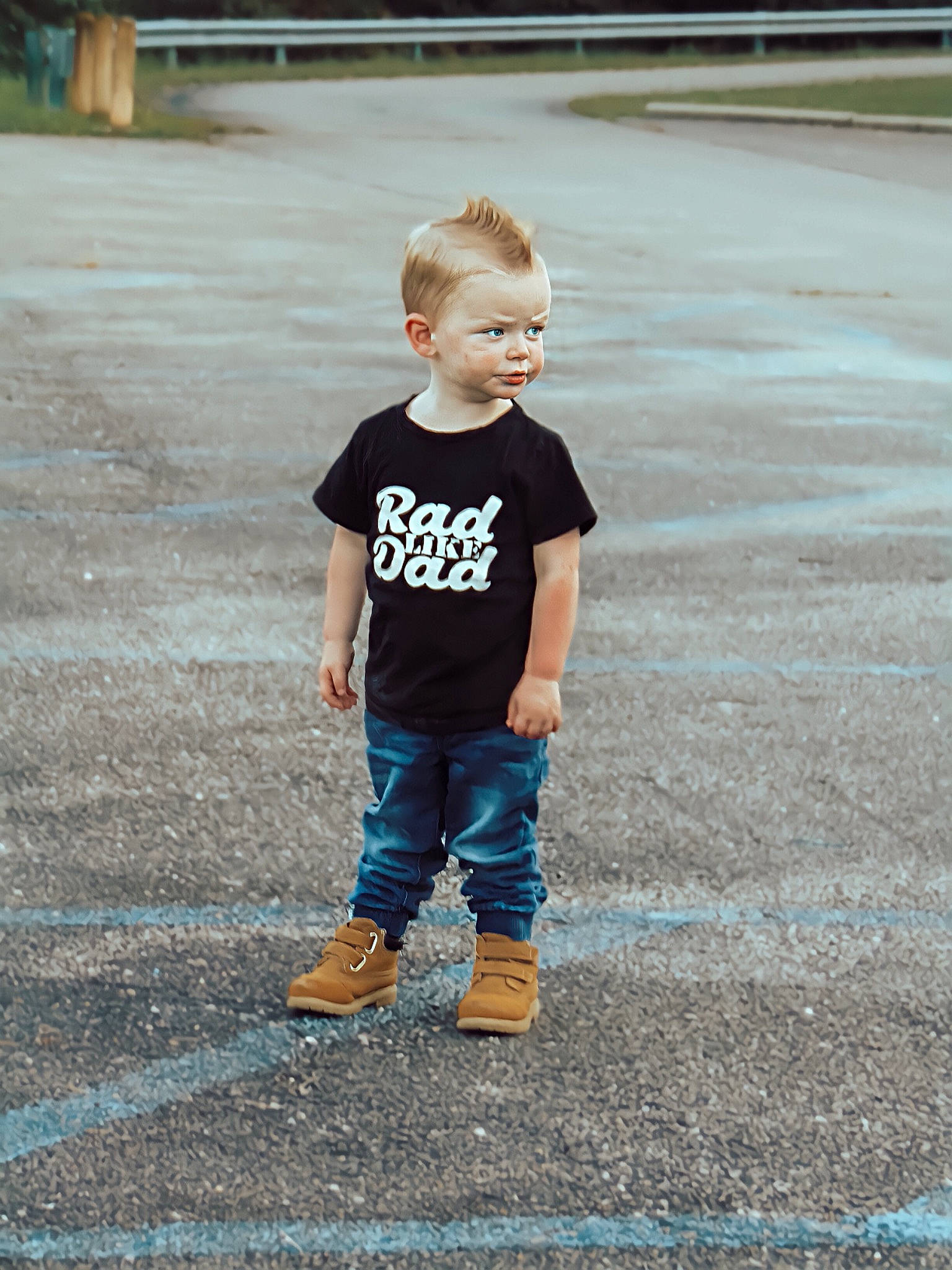 Weston joined the competition — help win amazing prizes! asphalt, child, cool, denim, footwear, gesture, grass, hair, happy, head, jeans, leg, person, public_space, road_surface, shoulder, sleeve, standing, street_fashion, t_shirt
