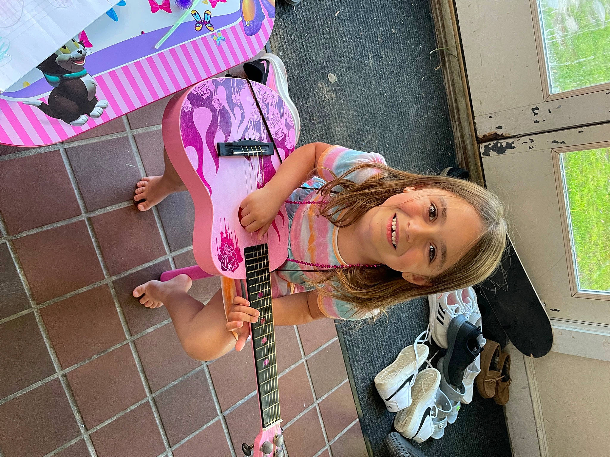 Alexandria joined the competition — help win amazing prizes! child, eyewear, fashion_accessory, flesh, fun, happy, house, human_leg, joy, leisure, magenta, pattern, person, pink, sandal, shorts, t_shirt, thigh, tire, toddler