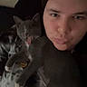 person, cat, gray_cat, indoor, selfie, face, puckered_lips, pet, animal, cuddle, dark, closeup, cute, feline, tongue_out, young_adult, casual, resting, home, funny