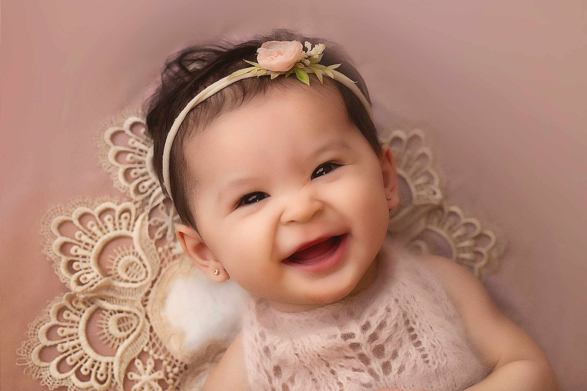 Genevieve joined the competition — help win amazing prizes! baby, smiling, infant, headband, flower, lace, portrait, closeup, happy, cute, child, earrings, soft_background, pink, adorable, young_child, fashion, beauty, baby_girl, studio