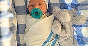 Atlas is registered to the contest to win money with this photo: newborn, baby, infant, sleeping, swaddled, pacifier, blanket, plush_toy, elephant, hat, striped, portrait, indoors, nursery, birth_announcement, text, cuddly, peaceful, baby_burrito, bed