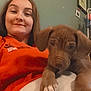 person, puppy, dog, smiling, indoor, blanket, casual, relaxed, brown_puppy, red_shirt, home, portrait, cute, pet, animal, face, young_adult, furniture, decor, cozy