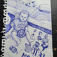 Blaze joined the competition — help win amazing prizes! animal, artwork, baby, bed, blue_ink, child_illustration, detailed, dog, drawing, floor, furniture, hand_drawn, indoor, notebook, paper, pen_sketch, portrait, sketch, torn_edge, toy
