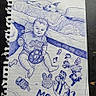 animal, artwork, baby, bed, blue_ink, child_illustration, detailed, dog, drawing, floor, furniture, hand_drawn, indoor, notebook, paper, pen_sketch, portrait, sketch, torn_edge, toy
