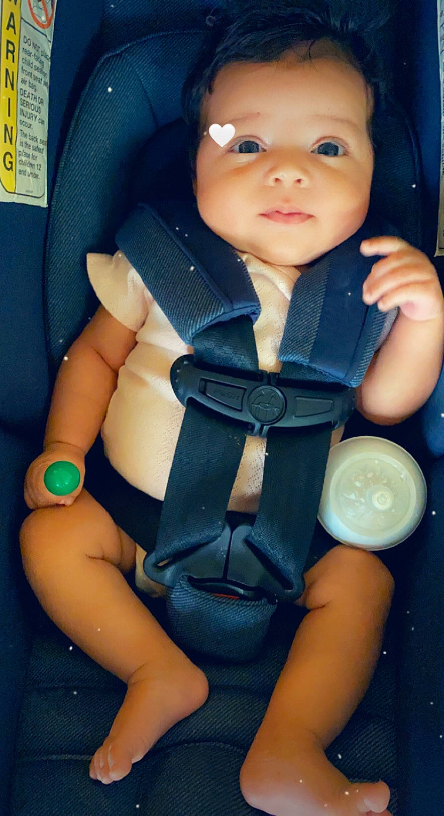 Arayah is registered to the contest to win money with this photo: baby, baby_carriage, baby_toddler_clothing, cheek, child, cool, electric_blue, eye, face, finger, fun, gesture, happy, head, person, personal_protective_equipment, skin, sleeve, thumb, toddler