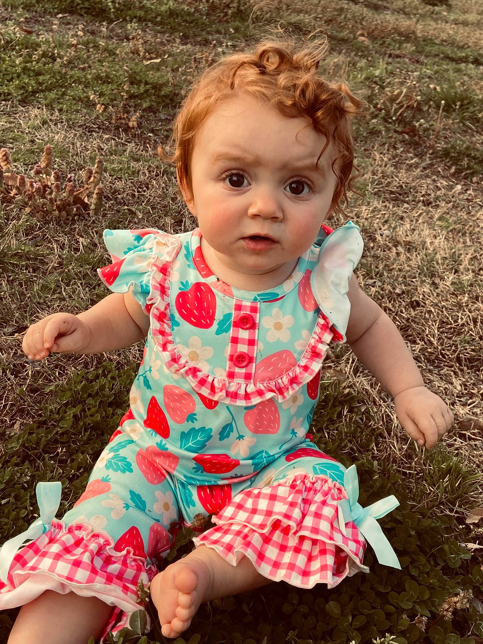 Raelynn is registered to the contest to win money with this photo: baby, baby_toddler_clothing, beauty, child, dress, eye, face, fun, grass, happy, head, leaf, pattern, people_in_nature, person, pink, plant, sitting, sleeve, summer