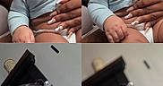 Germany is registered to the contest to win money with this photo: baby, child, smiling, cute, portrait, close_up, infant, hair_accessories, blue_clothing, hand, manicured_nails, indoor, person, expression, holding, adorable, skin, face, young_child, happy