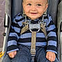 baby, baby_face, baby_hands, casual_wear, checkered_pants, child, clothing, cute, daylight, happy, harness, infant, outdoor, person, portrait, seated, smiling, striped_sweater, stroller, young_child
