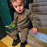 Elijah participe au concours pour gagner de l'argent avec cette photo : casual_wear, child, clothing, concrete, curious, expression, floor, hair, hand, holding, indoor, nike, person, portrait, pouch, sitting, sneakers, stairs, toddler, young