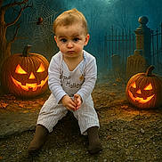 Elijah participe au concours pour gagner de l'argent avec cette photo : baby, child, halloween, pumpkin, jack_o_lantern, spider_web, spider, graveyard, grave, fog, night, costume, outdoor, scary, dark, tree, leaves, cobblestone, lantern, portrait