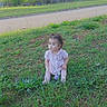 Alexis is registered to the contest to win money with this photo: casual, child, curious, curly_hair, cute, daylight, expression, grass, greenery, nature, outdoor, pink_dress, playful, portrait, road, sitting, text_overlay, toddler, trees, young_child