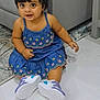 baby, big_eyes, blue_dress, bow, child, couch, cute, expression, floor, furniture, hair, headband, indoors, portrait, rug, shoes, sitting, smile, sneakers, toddler