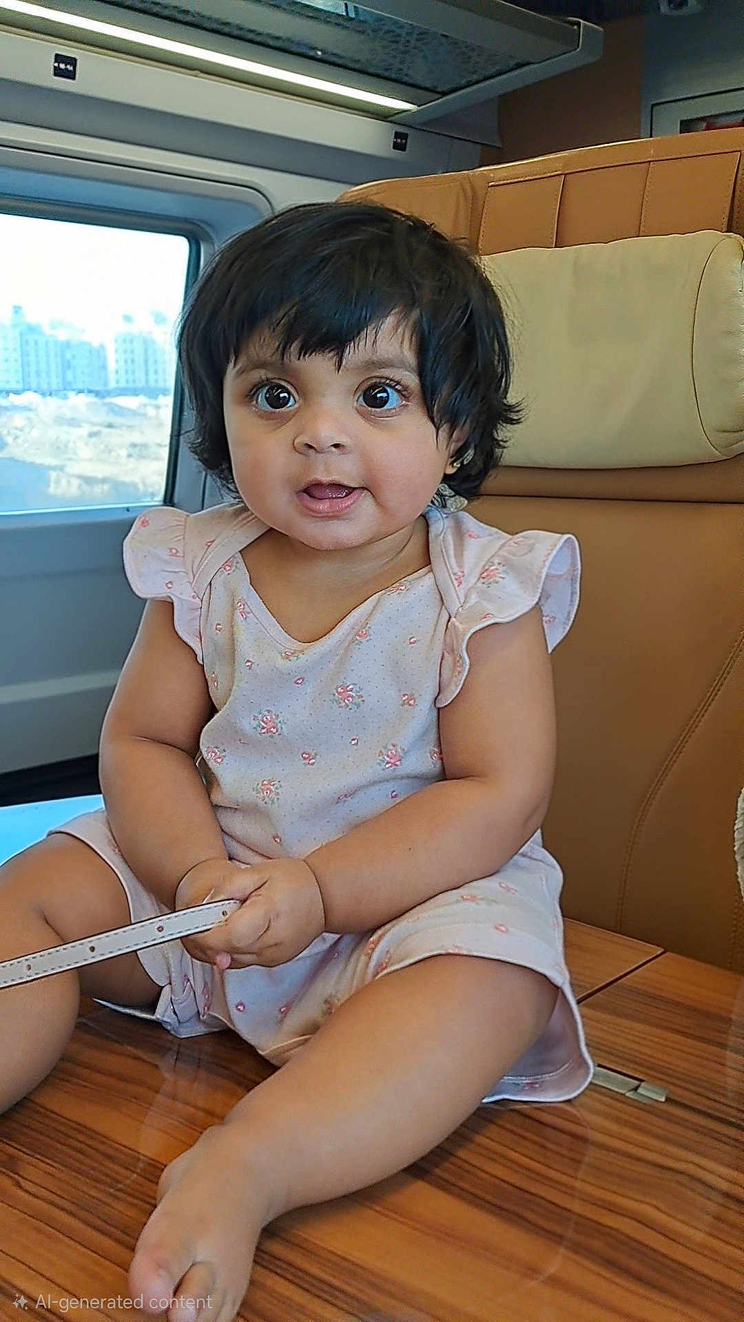 Enayah joined the competition — help win amazing prizes! baby, toddler, child, portrait, big_eyes, smiling, short_hair, pink_dress, sitting, leather_seat, train_window, wooden_table, interior, cute, indoor, skin, hand, legs, accessory, happy