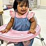 adult_leg, baby, child, crying, denim_overall, emotion, expression, footwear, furniture, hair_accessory, hands, home_interior, indoor, pigtails, pink_shirt, pink_walker, portrait, tile_floor, toddler, toy