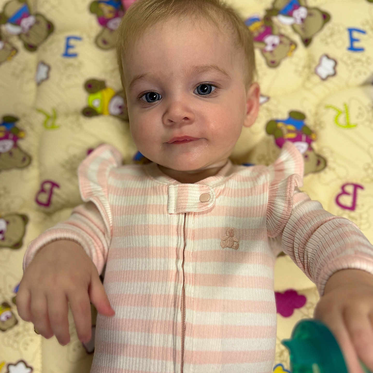 Elladee joined the competition — help win amazing prizes! baby, blue_eyes, calm, child, curious, cute, face, hand, indoor, infant, lying_down, onesie, pacifier, pink, playmat, portrait, soft_lighting, striped_clothing, teddy_bear_pattern, young_child
