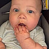 Kyaire joined the competition — help win amazing prizes! baby, blue_eyes, car_seat, child, clothing, cute, expression, face, finger_in_mouth, infant, looking, onesie, person, plump, portrait, seat, skin, sitting, striped, warning_label