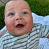 Kyaire joined the competition — help win amazing prizes! baby, child, smiling, blue_eyes, striped_clothing, onesie, nike_logo, outdoor, grass, blanket, happy, face, head, cute, infant, portrait, sitting, cheeks, expression, person