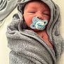 newborn, baby, pacifier, towel, gray, wrapped, sleepy, infant, cute, child, skin, face, mouth, blanket, soft, portrait, resting, indoors, closeup, person
