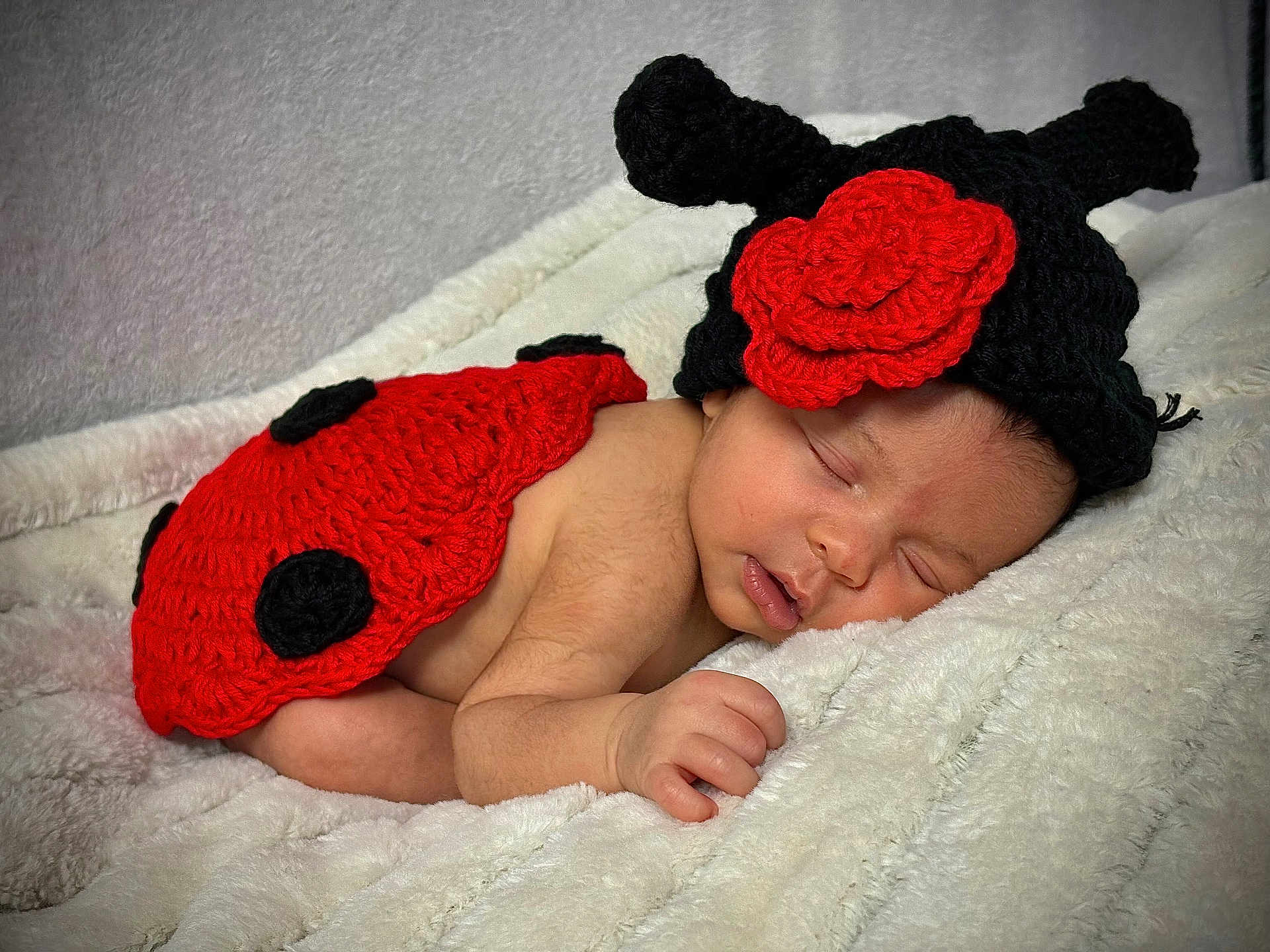 Willow is registered to the contest to win money with this photo: baby, sleeping, newborn, crochet, ladybug_costume, red, black, hat, flower, blanket, soft, cute, infant, resting, cute_costume, toddler, portrait, face, hand, cozy