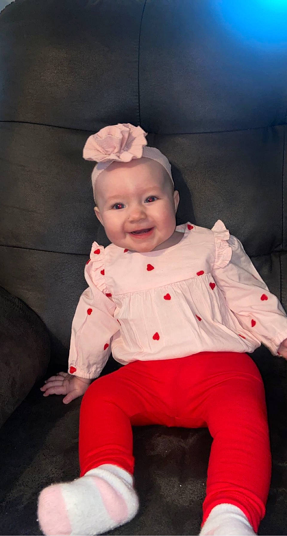 Leighton joined the competition — help win amazing prizes! baby, baby_toddler_clothing, cheek, chin, costume_hat, eye, flash_photography, fun, happy, hat, headgear, human_body, joy, lip, mouth, person, pink, sitting, skin, sleeve