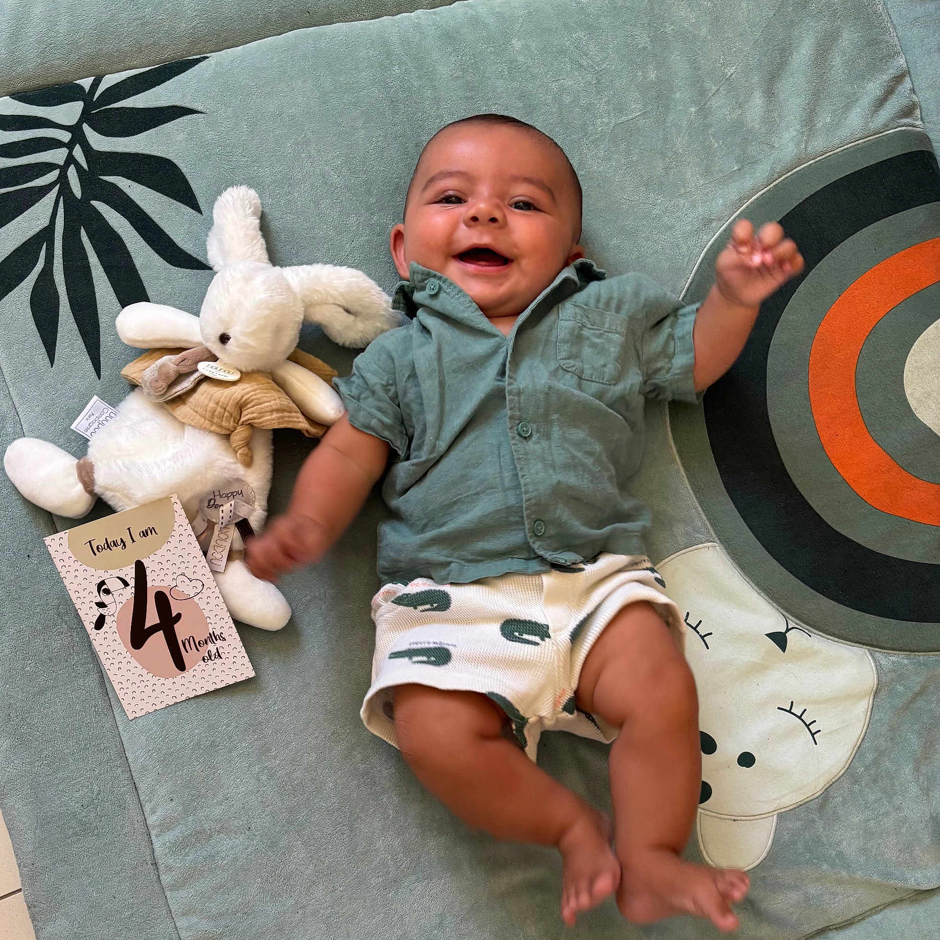 Liam participe au concours pour gagner de l'argent avec cette photo : animal_face, baby, bunny, celebration, child, cute, floor, four_months, green_shirt, happy, indoor, infant, lying_down, milestone_card, pattern, play_mat, plush_toy, shorts, smiling, toy