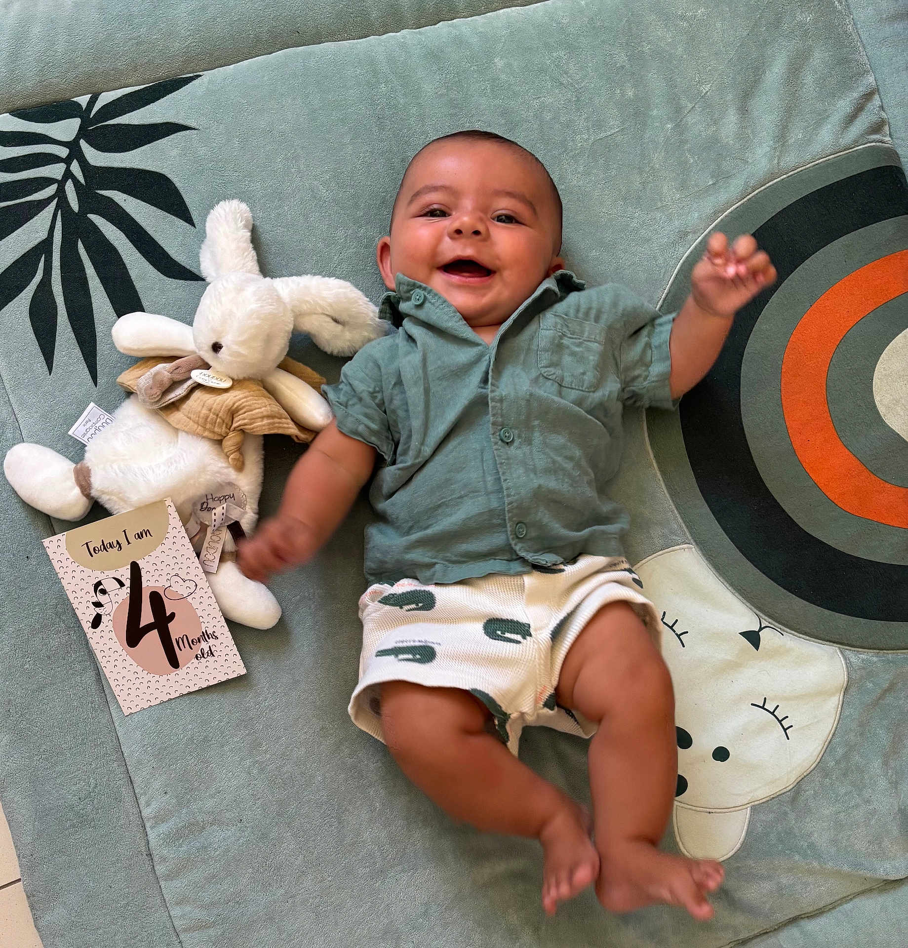 Liam participe au concours pour gagner de l'argent avec cette photo : animal_face, baby, bunny, celebration, child, cute, floor, four_months, green_shirt, happy, indoor, infant, lying_down, milestone_card, pattern, play_mat, plush_toy, shorts, smiling, toy