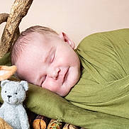 Killian is registered to the contest to win money with this photo: baby, sleeping, green_cloth, stuffed_animals, deer_toy, bear_toy, wooden_basket, cozy, peaceful, newborn, portrait, soft_lighting, indoors, cute, child, wrapped, resting, smiling_toy, natural_tones, closeup
