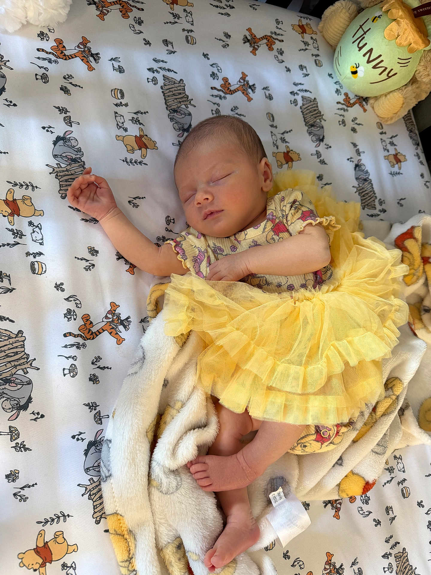 Zoey joined the competition — help win amazing prizes! baby, newborn, sleeping, yellow_tutu, blanket, winnie_the_pooh, tigger, cozy, soft, infant, child, cute, peaceful, resting, clothing, foot, hand, indoor, bed, nap