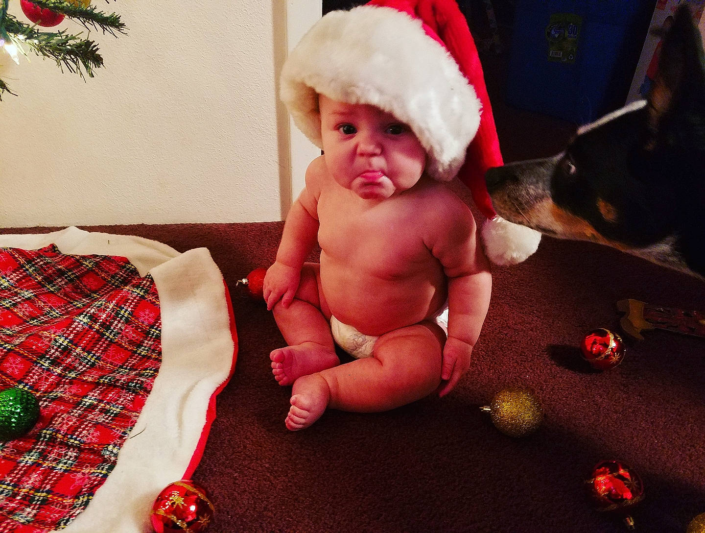 Lane is registered to the contest to win money with this photo: child, christmas, finger, headwear, holiday, infant, lap, leg, muscle, person, product, sitting, skin, toddler