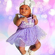 Mariama participe au concours pour gagner de l'argent avec cette photo : baby, infant, child, face, dress, purple_dress, tutu, headband, bow, white_headwrap, socks, posed, portrait, studio_background, bokeh, sparkles, cute, neutral_expression, hands, feet