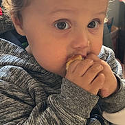 Leonidas joined the competition — help win amazing prizes! baby, big_eyes, casual, child, closeup, cozy, curly_hair, cute, eating, face, focused, food, gray_clothing, hands, hoodie, indoor, portrait, snack, toddler, young_child