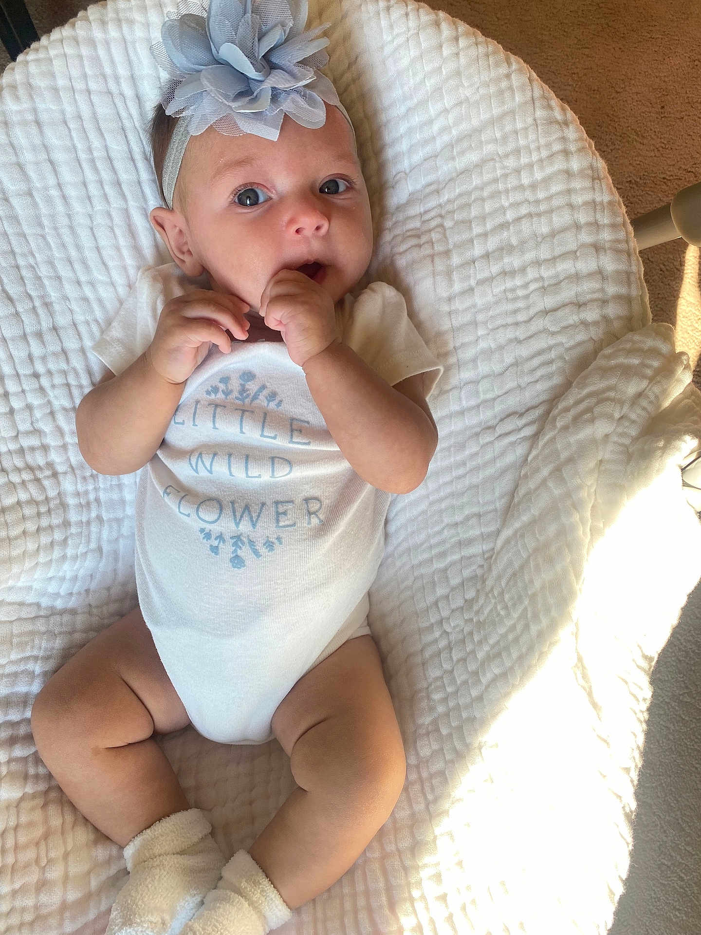 Taylor joined the competition — help win amazing prizes! baby, infant, child, onesie, headband, flower, blanket, texture, white, sock, skin, hands, face, eyes, cute, lying_down, soft_light, carpet, indoors, portrait