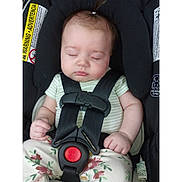 Berkley joined the competition — help win amazing prizes! baby, sleeping, car_seat, safety_harness, child, infant, clothing, striped_shirt, floral_pants, black_straps, warning_label, seat_belt, cute, peaceful, indoor, toddler, portrait, young_child, napping, child_safety