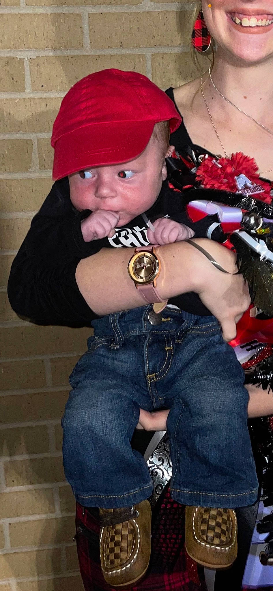 Ryder Lane is registered to the contest to win money with this photo: arm, baseball_cap, belt, cap, carmine, cool, costume, costume_hat, denim, fashion_accessory, glove, hand, headgear, headwear, jewellery, magenta, person, pink, street_fashion, thigh