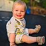 baby, child, smiling, outdoor, trampoline, sandals, happy, cute, blond_hair, shorts, tshirt, sunlight, nature, grass, playing, summer, portrait, sitting, young, fun