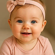 Rose participe au concours pour gagner de l'argent avec cette photo : baby, child, smile, headband, pink_clothing, blue_eyes, portrait, closeup, cute, infant, happy, soft_lighting, indoors, young_child, apparel, face, human, adorable, cheerful, toddler