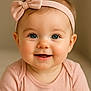 baby, child, smile, headband, pink_clothing, blue_eyes, portrait, closeup, cute, infant, happy, soft_lighting, indoors, young_child, apparel, face, human, adorable, cheerful, toddler