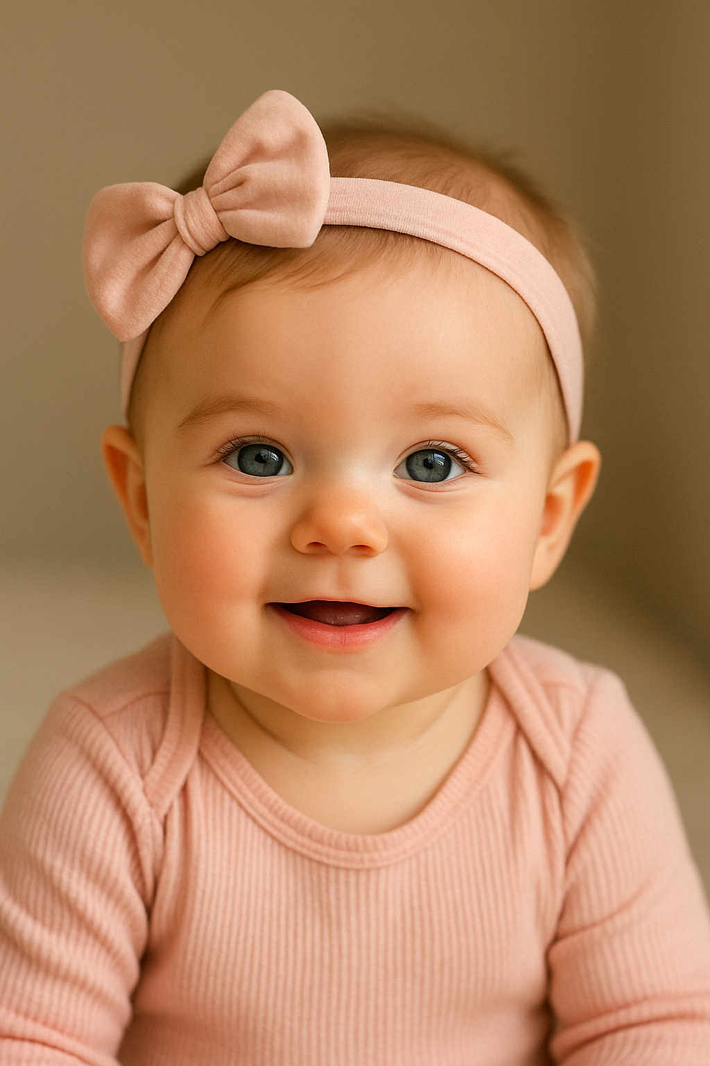 Rose participe au concours pour gagner de l'argent avec cette photo : baby, child, smile, headband, pink_clothing, blue_eyes, portrait, closeup, cute, infant, happy, soft_lighting, indoors, young_child, apparel, face, human, adorable, cheerful, toddler