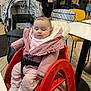 baby, cafe, casual_clothing, chair, child, conversation, curious, flooring, footwear, high_chair, indoor, modern, people, pink_jacket, public_space, seated, stroller, table, winter_clothing, wooden_floor