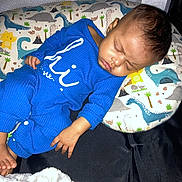 Dior joined the competition — help win amazing prizes! baby, sleeping, blue_onesie, pillow, dinosaur_pattern, blanket, playpen, infant, child, peaceful, indoors, rest, cute, soft_lighting, hand, foot, head, face, cozy, nap