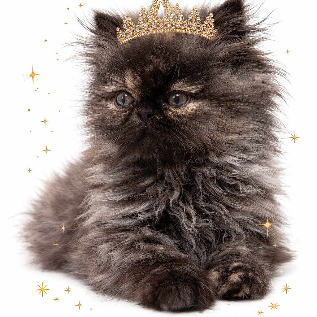 Min-Su participe au concours pour gagner de l'argent avec cette photo : kitten, cat, fluffy, crown, royalty, cute, pet, animal, feline, portrait, sparkles, adorable, fur, small, white_background, laying, young, domestic_cat, face, eyes