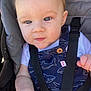 Ashton joined the competition — help win amazing prizes! baby, child, stroller, blue_eyes, face, infant, clothing, overalls, shark_pattern, button, anchor_tag, strap, safety_belt, hand, skin, cute, outdoor, daylight, expression, portrait