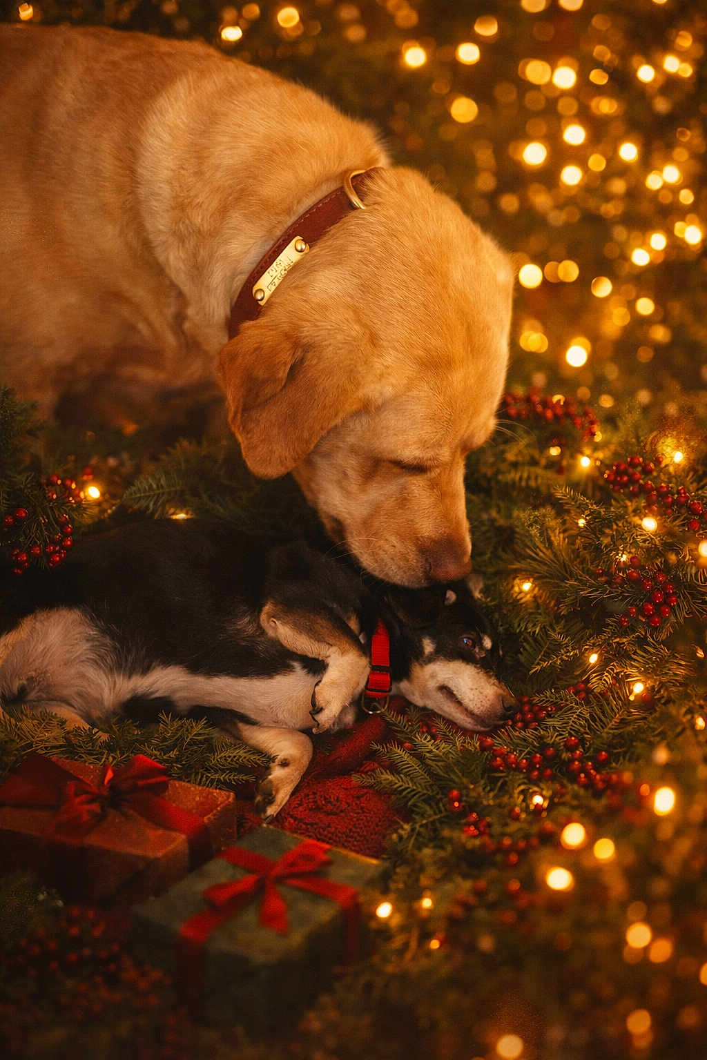 Charlie joined the competition — help win amazing prizes! dog, golden_retriever, small_dog, christmas_lights, holiday_decor, gift_boxes, pine_branches, red_berries, collar, nuzzling, festive, cozy, indoor, warm_lighting, pets, companionship, celebration, decorations, cute, holiday