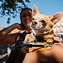Betty a rejoint le concours — aidez-le/la à gagner de superbes lots ! dog, chihuahua, pet, small_dog, leash, harness, person, arm, hand, portrait, closeup, ears, face, outdoor, sunlight, bokeh, tree, building, street, urban